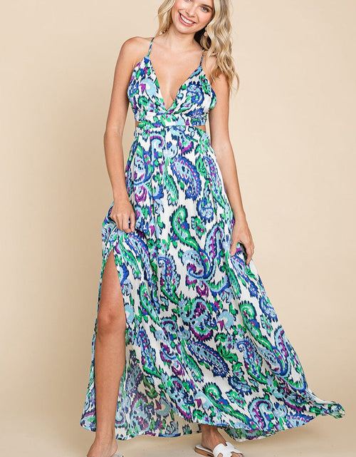 Load image into Gallery viewer, Deep V Neck Open Back Printed Boho Maxi Dress by RolyPoly Apparel
