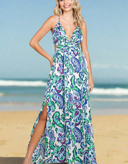 Load image into Gallery viewer, Deep V Neck Open Back Printed Boho Maxi Dress by RolyPoly Apparel
