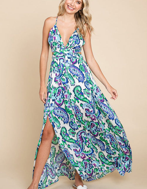 Load image into Gallery viewer, Deep V Neck Open Back Printed Boho Maxi Dress by RolyPoly Apparel
