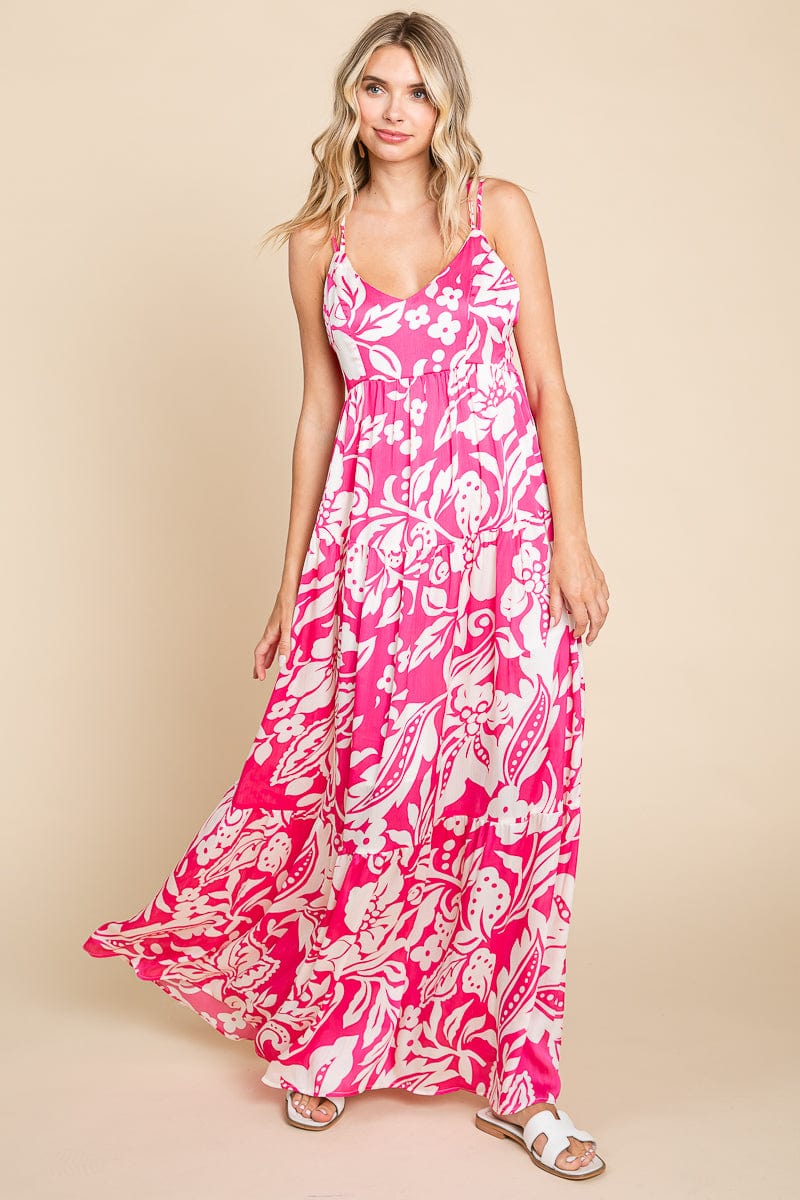 Tropical Print Tiered Satin Maxi Sundress by RolyPoly Apparel