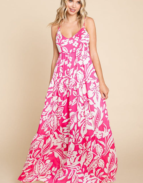 Load image into Gallery viewer, Tropical Print Tiered Satin Maxi Sundress by RolyPoly Apparel
