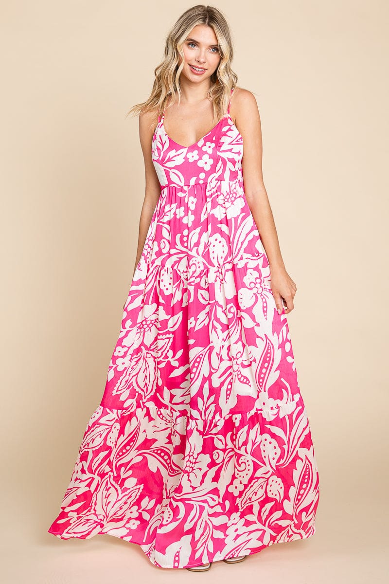 Tropical Print Tiered Satin Maxi Sundress by RolyPoly Apparel