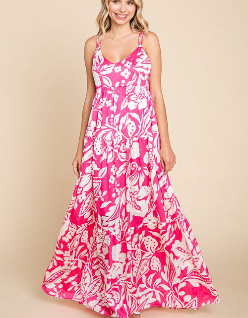 Load image into Gallery viewer, Tropical Print Tiered Satin Maxi Sundress by RolyPoly Apparel
