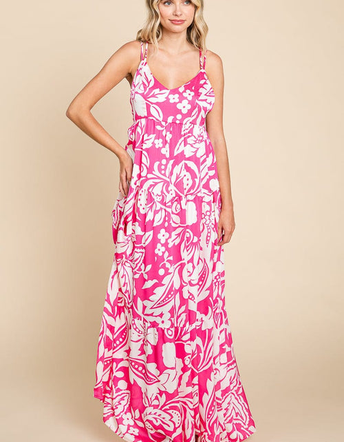 Load image into Gallery viewer, Tropical Print Tiered Satin Maxi Sundress by RolyPoly Apparel
