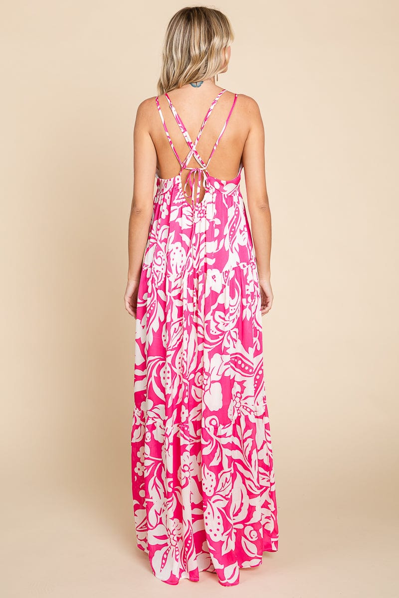 Tropical Print Tiered Satin Maxi Sundress by RolyPoly Apparel
