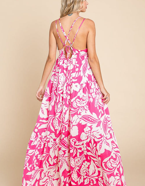 Load image into Gallery viewer, Tropical Print Tiered Satin Maxi Sundress by RolyPoly Apparel
