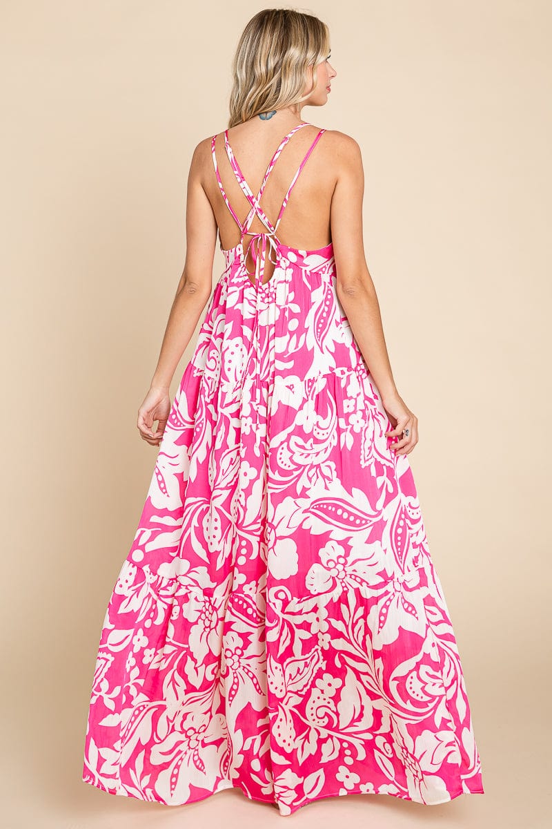 Tropical Print Tiered Satin Maxi Sundress by RolyPoly Apparel