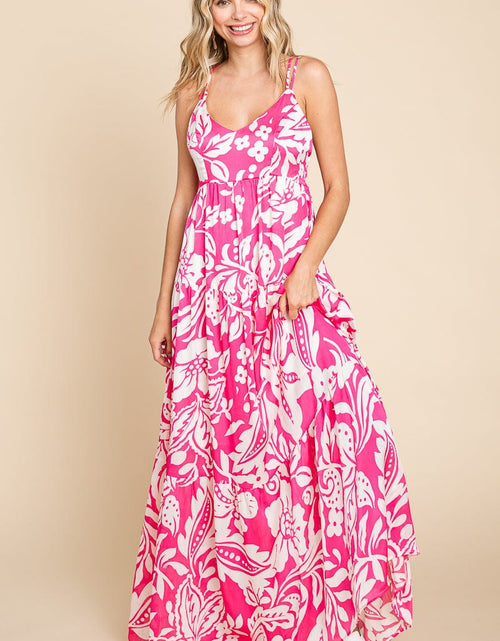 Load image into Gallery viewer, Tropical Print Tiered Satin Maxi Sundress by RolyPoly Apparel
