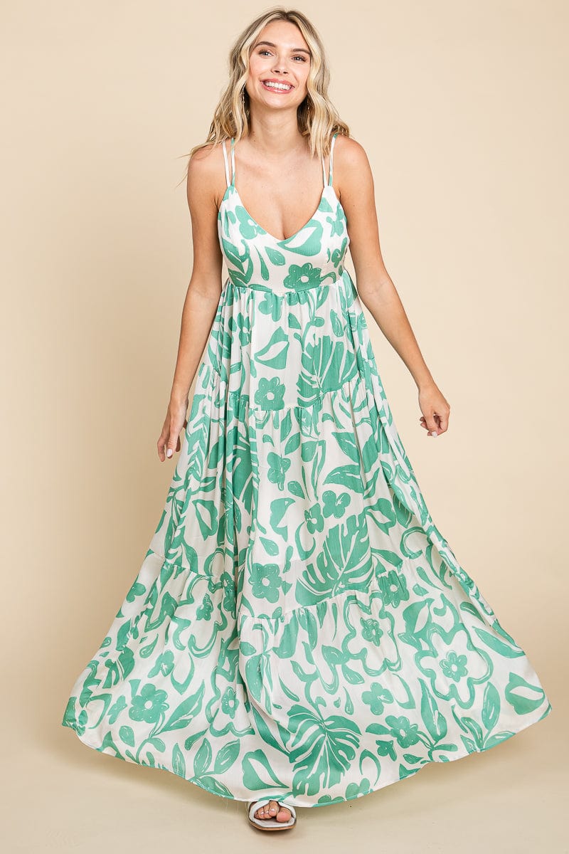 Tropical Print Tiered Satin Maxi Sundress by RolyPoly Apparel
