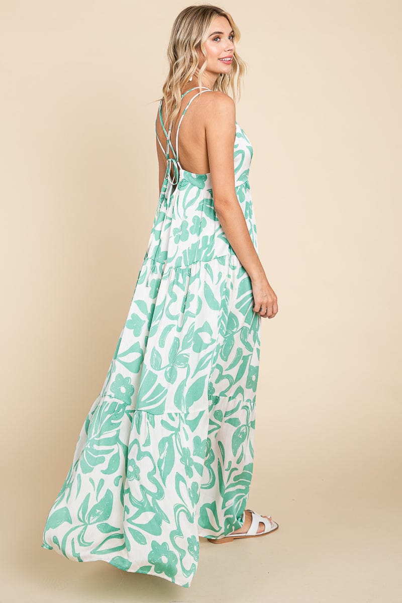 Tropical Print Tiered Satin Maxi Sundress by RolyPoly Apparel
