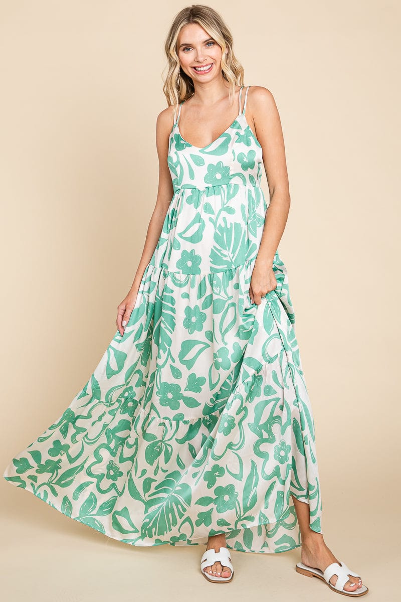 Tropical Print Tiered Satin Maxi Sundress by RolyPoly Apparel