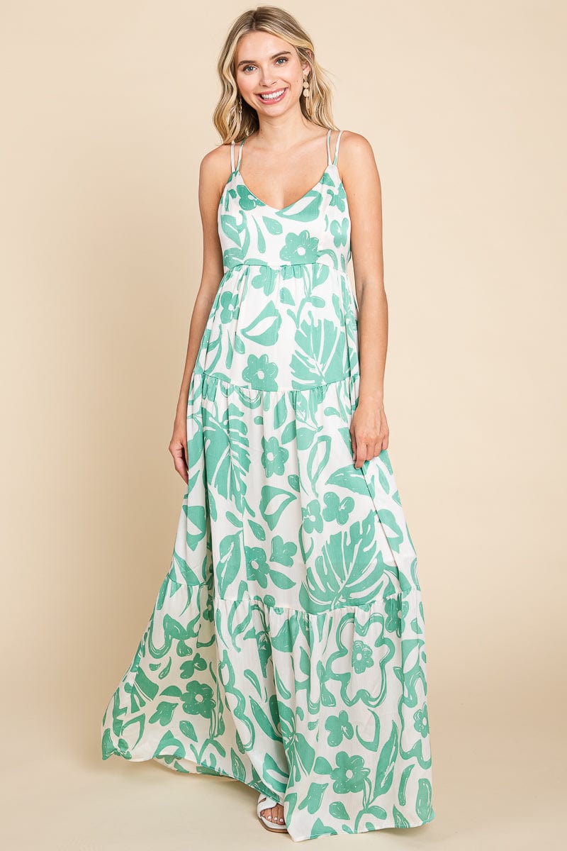 Tropical Print Tiered Satin Maxi Sundress by RolyPoly Apparel