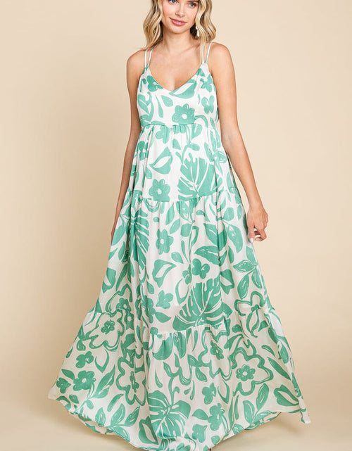 Load image into Gallery viewer, Tropical Print Tiered Satin Maxi Sundress by RolyPoly Apparel
