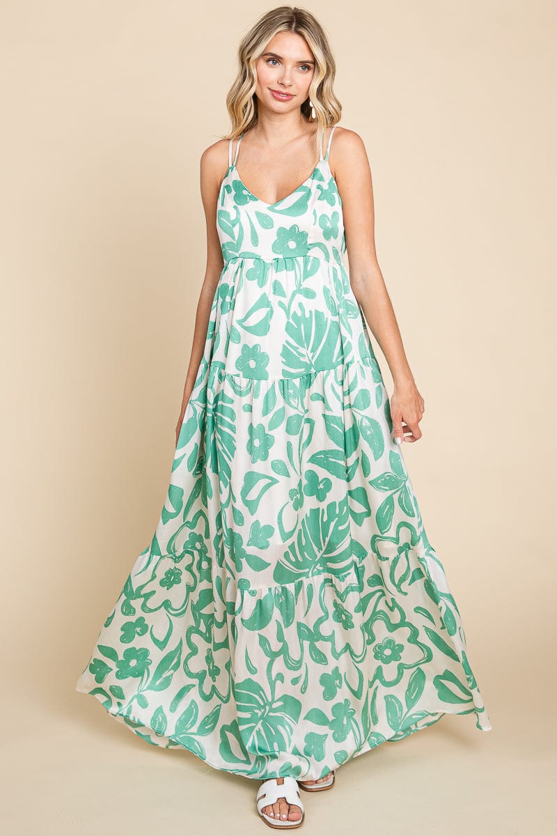 Tropical Print Tiered Satin Maxi Sundress by RolyPoly Apparel