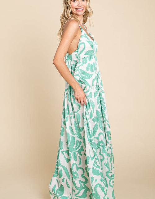Load image into Gallery viewer, Tropical Print Tiered Satin Maxi Sundress by RolyPoly Apparel
