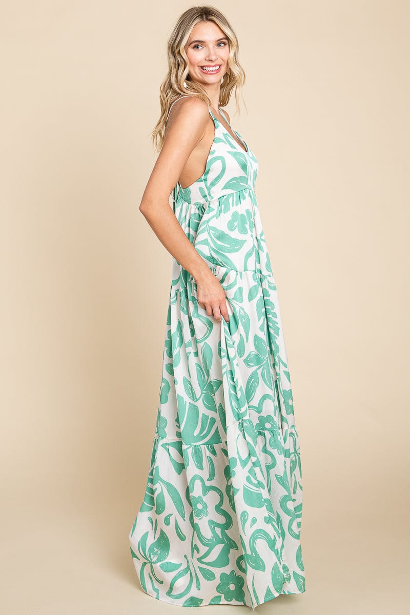 Tropical Print Tiered Satin Maxi Sundress by RolyPoly Apparel