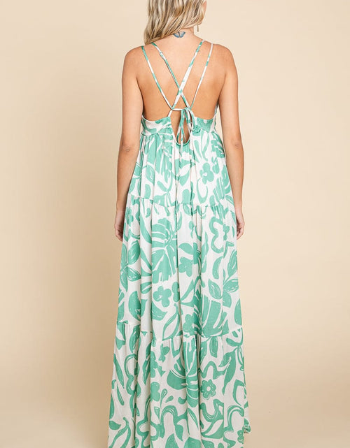 Load image into Gallery viewer, Tropical Print Tiered Satin Maxi Sundress by RolyPoly Apparel
