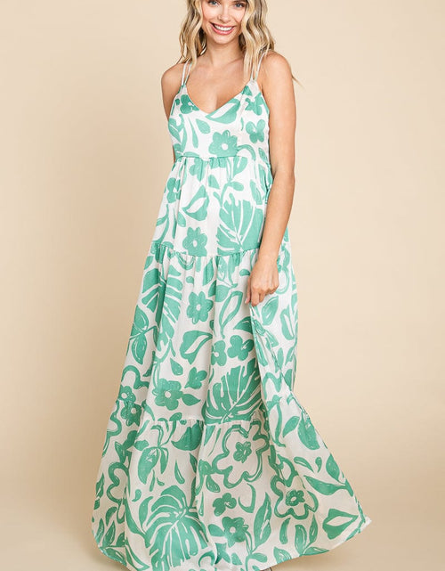 Load image into Gallery viewer, Tropical Print Tiered Satin Maxi Sundress by RolyPoly Apparel
