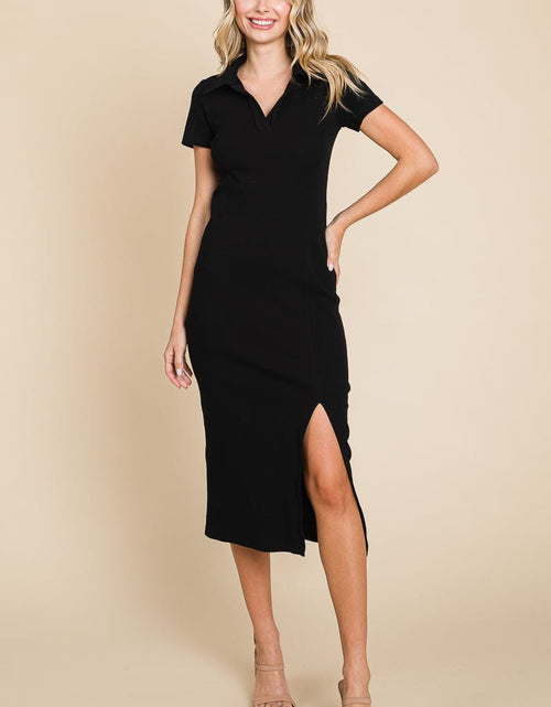 Load image into Gallery viewer, Collared Side Split Ribbed Bodycon Midi Dress by RolyPoly Apparel
