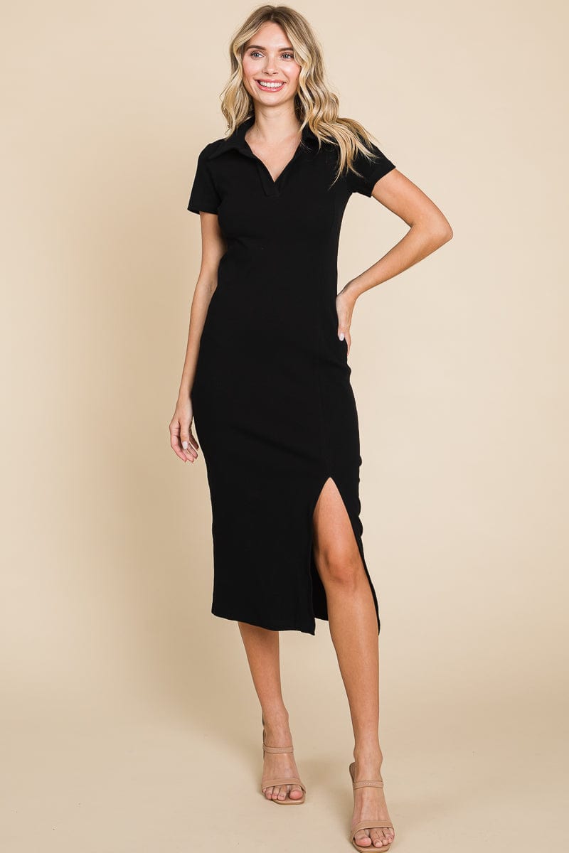 Collared Side Split Ribbed Bodycon Midi Dress by RolyPoly Apparel