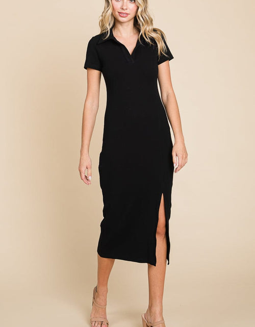 Load image into Gallery viewer, Collared Side Split Ribbed Bodycon Midi Dress by RolyPoly Apparel
