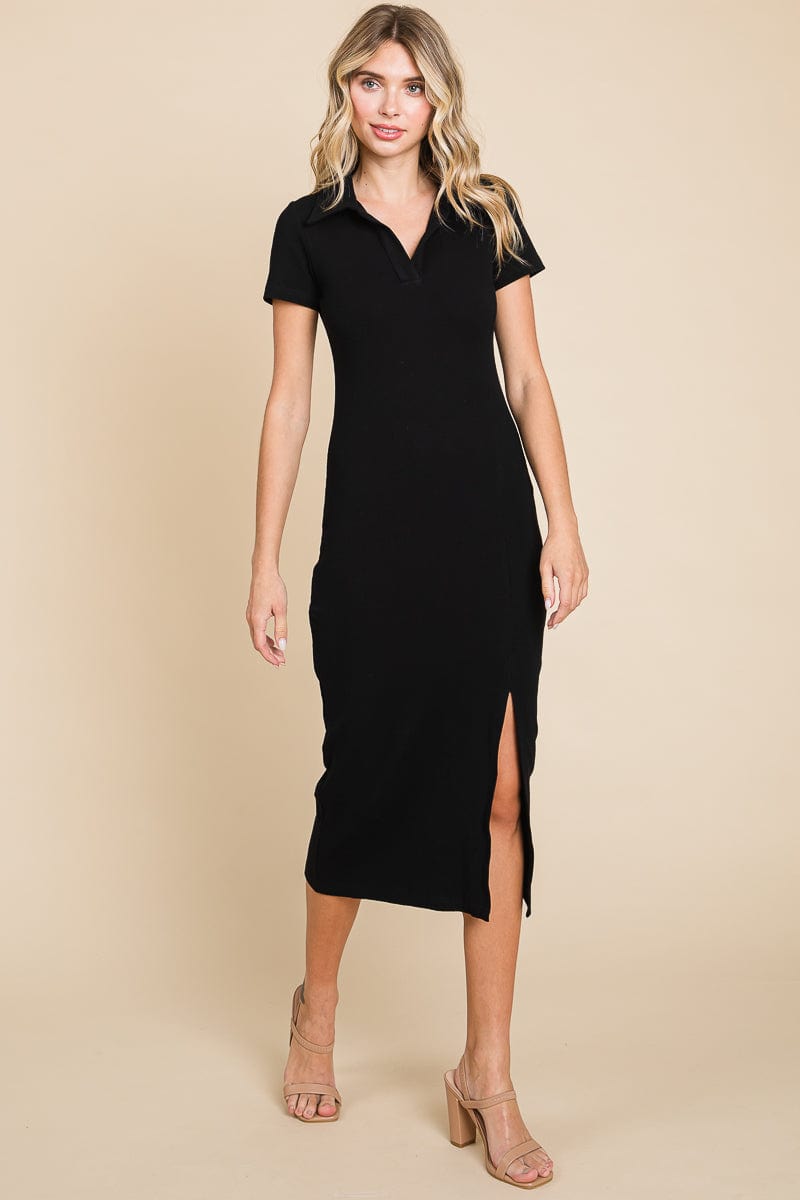 Collared Side Split Ribbed Bodycon Midi Dress by RolyPoly Apparel