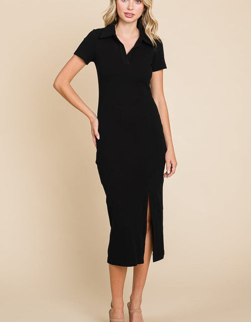 Load image into Gallery viewer, Collared Side Split Ribbed Bodycon Midi Dress by RolyPoly Apparel
