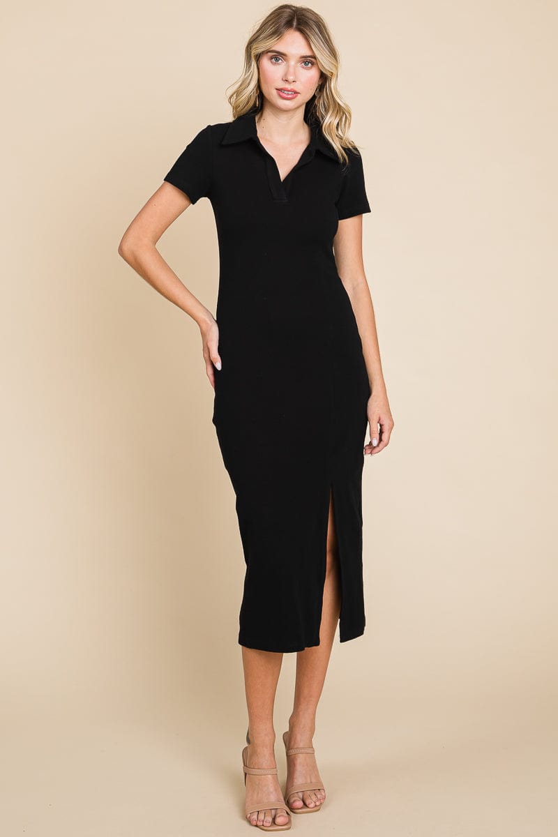 Collared Side Split Ribbed Bodycon Midi Dress by RolyPoly Apparel