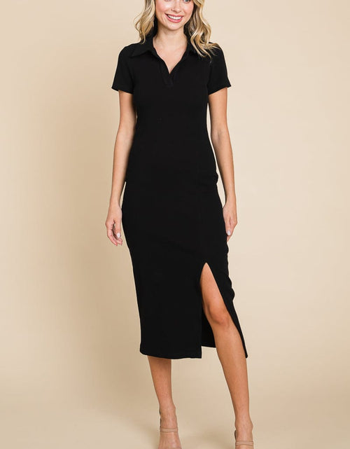 Load image into Gallery viewer, Collared Side Split Ribbed Bodycon Midi Dress by RolyPoly Apparel
