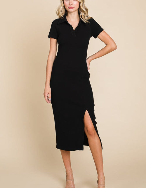 Load image into Gallery viewer, Collared Side Split Ribbed Bodycon Midi Dress by RolyPoly Apparel
