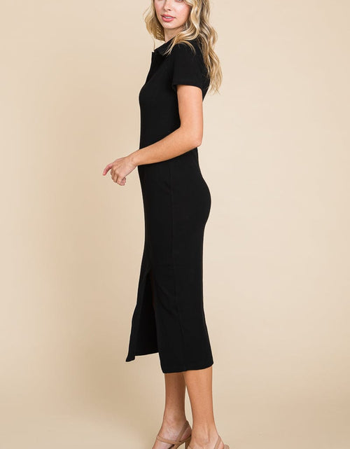Load image into Gallery viewer, Collared Side Split Ribbed Bodycon Midi Dress by RolyPoly Apparel
