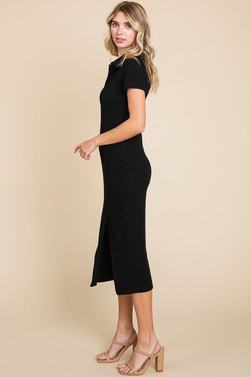 Collared Side Split Ribbed Bodycon Midi Dress by RolyPoly Apparel