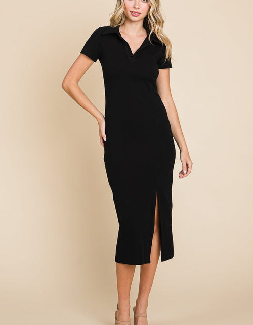 Load image into Gallery viewer, Collared Side Split Ribbed Bodycon Midi Dress by RolyPoly Apparel
