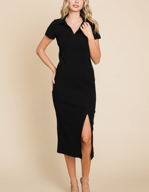 Load image into Gallery viewer, Collared Side Split Ribbed Bodycon Midi Dress by RolyPoly Apparel
