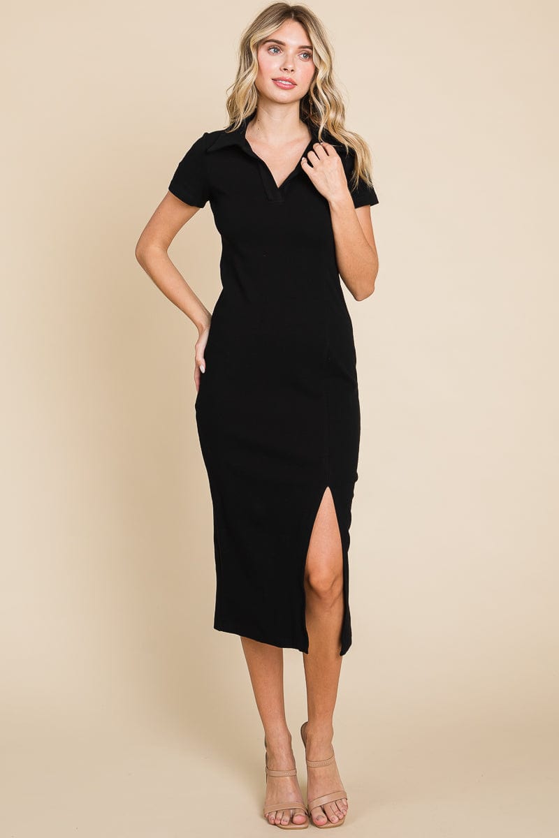 Collared Side Split Ribbed Bodycon Midi Dress by RolyPoly Apparel