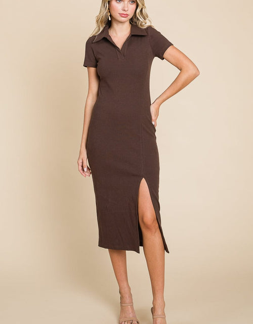 Load image into Gallery viewer, Collared Side Split Ribbed Bodycon Midi Dress by RolyPoly Apparel
