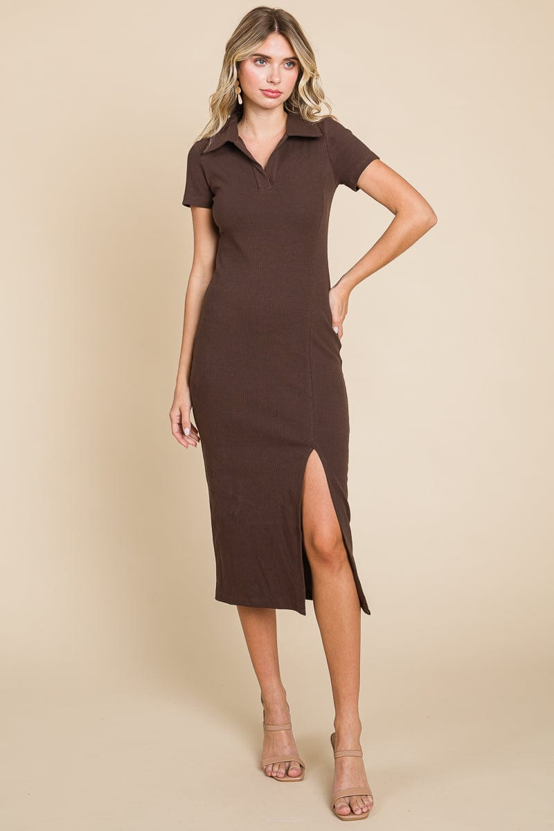 Collared Side Split Ribbed Bodycon Midi Dress by RolyPoly Apparel