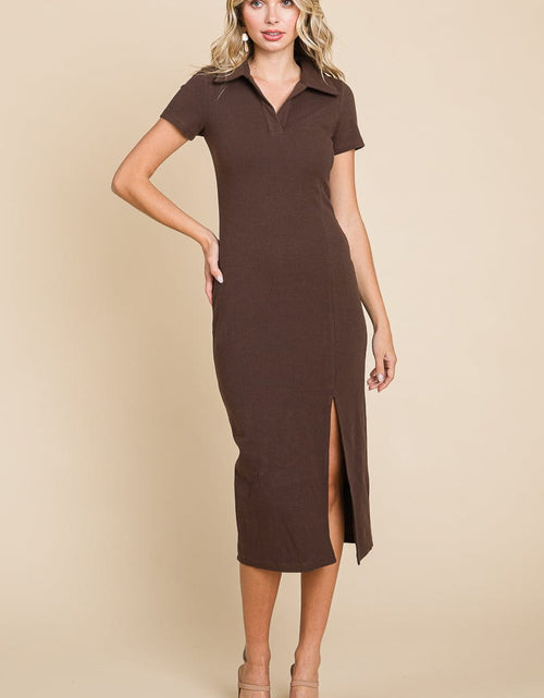 Load image into Gallery viewer, Collared Side Split Ribbed Bodycon Midi Dress by RolyPoly Apparel
