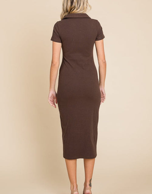 Load image into Gallery viewer, Collared Side Split Ribbed Bodycon Midi Dress by RolyPoly Apparel

