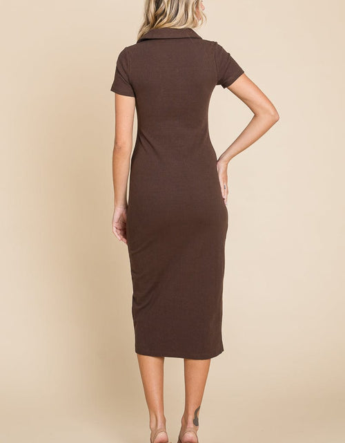 Load image into Gallery viewer, Collared Side Split Ribbed Bodycon Midi Dress by RolyPoly Apparel
