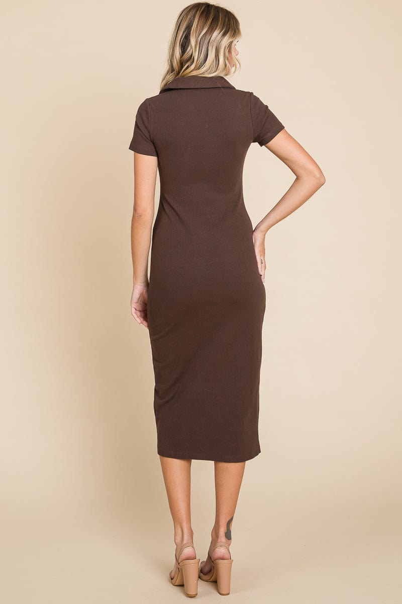 Collared Side Split Ribbed Bodycon Midi Dress by RolyPoly Apparel