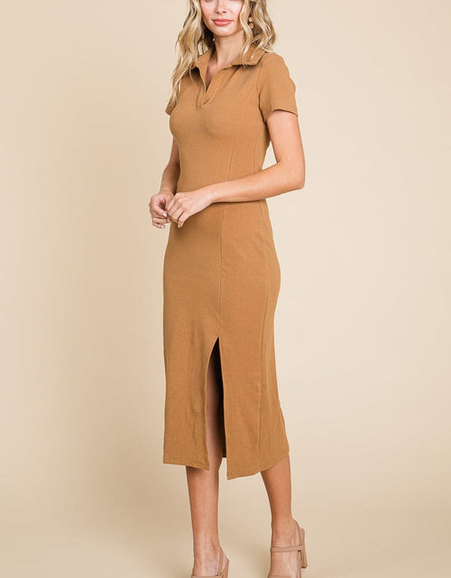 Load image into Gallery viewer, Collared Side Split Ribbed Bodycon Midi Dress by RolyPoly Apparel
