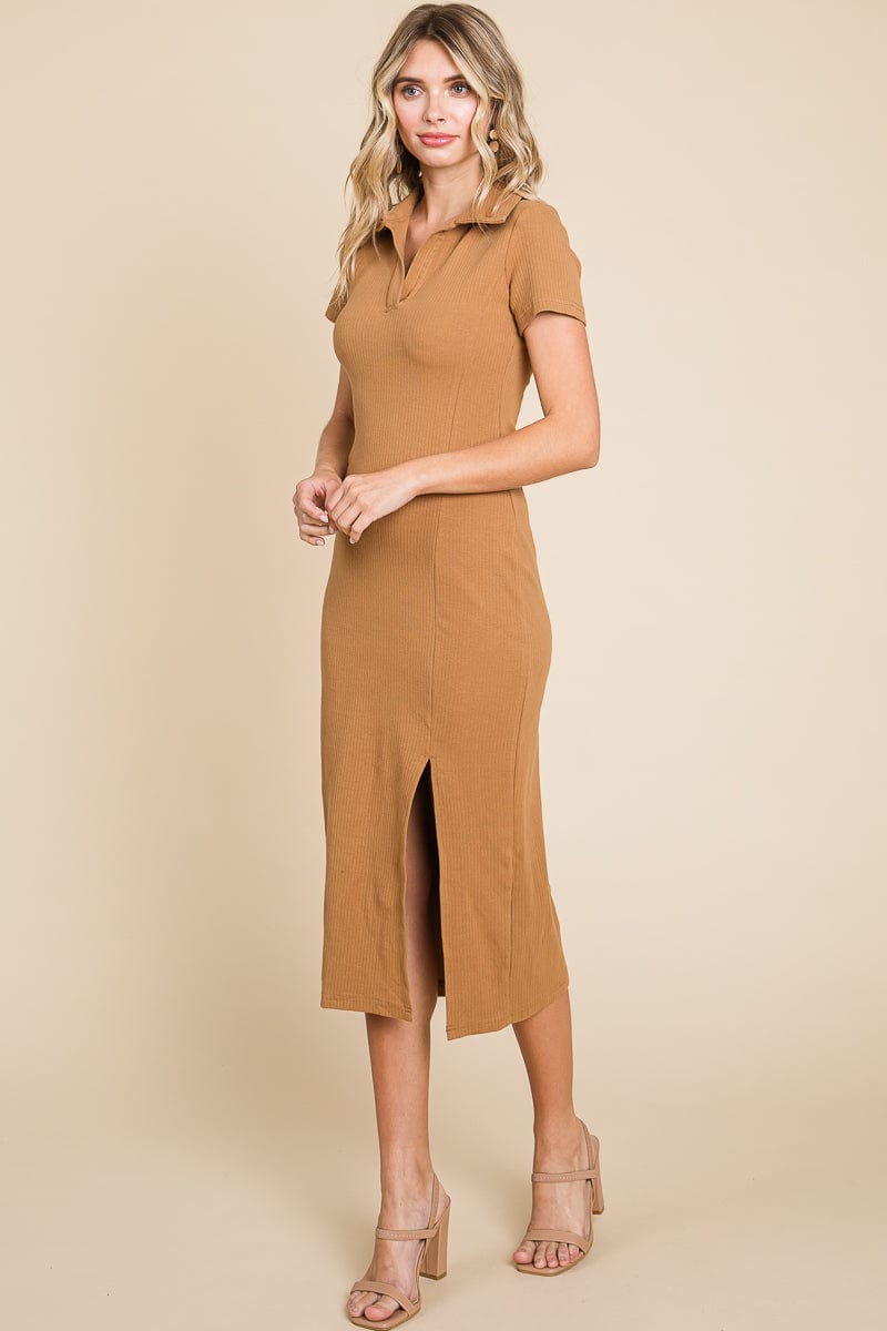 Collared Side Split Ribbed Bodycon Midi Dress by RolyPoly Apparel