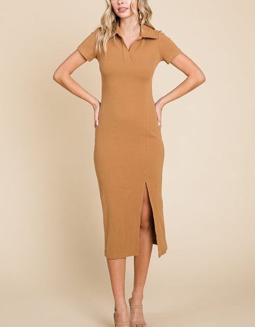 Load image into Gallery viewer, Collared Side Split Ribbed Bodycon Midi Dress by RolyPoly Apparel

