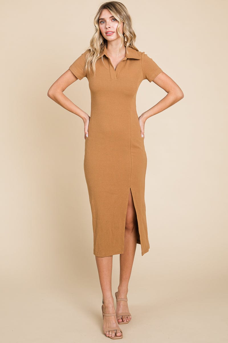Collared Side Split Ribbed Bodycon Midi Dress by RolyPoly Apparel