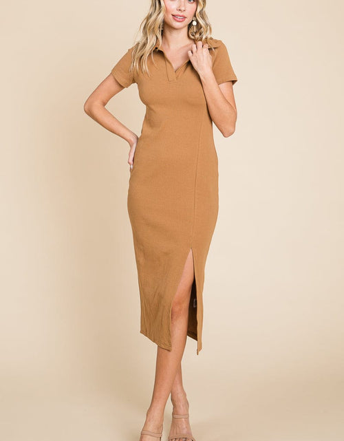 Load image into Gallery viewer, Collared Side Split Ribbed Bodycon Midi Dress by RolyPoly Apparel
