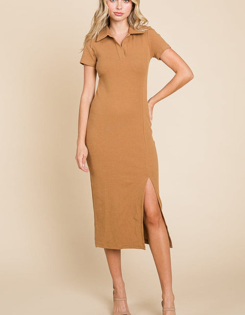 Load image into Gallery viewer, Collared Side Split Ribbed Bodycon Midi Dress by RolyPoly Apparel
