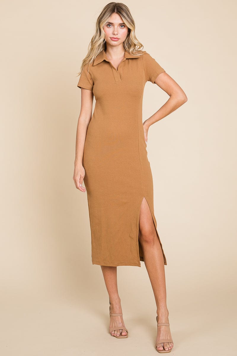 Collared Side Split Ribbed Bodycon Midi Dress by RolyPoly Apparel