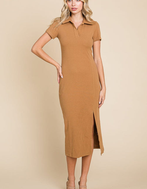 Load image into Gallery viewer, Collared Side Split Ribbed Bodycon Midi Dress by RolyPoly Apparel
