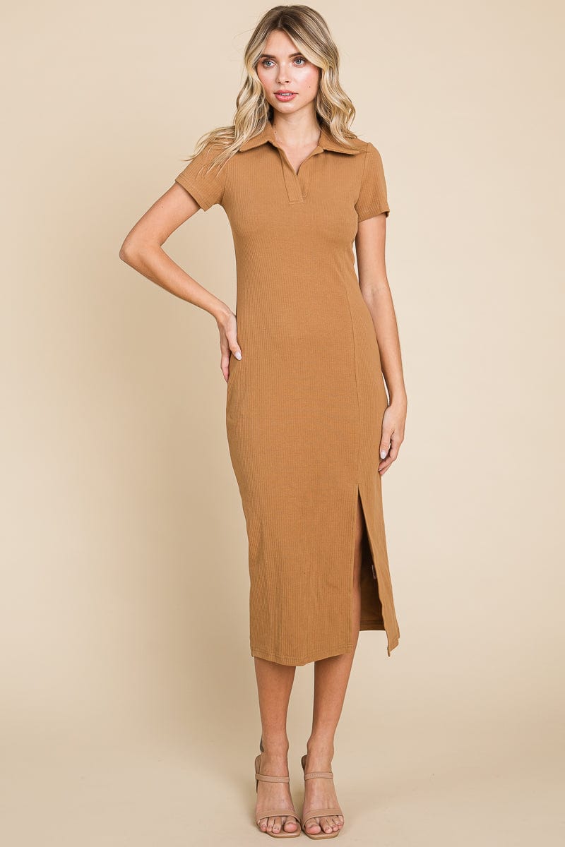 Collared Side Split Ribbed Bodycon Midi Dress by RolyPoly Apparel